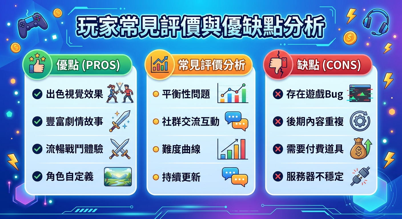 這張圖表採用現代電競風格設計,頂部標題為「玩家常見評價與優缺點分析」。 畫面下方劃分為三個欄位,分別以圖標與清單展示遊戲的優點、常見評價分析及缺點。